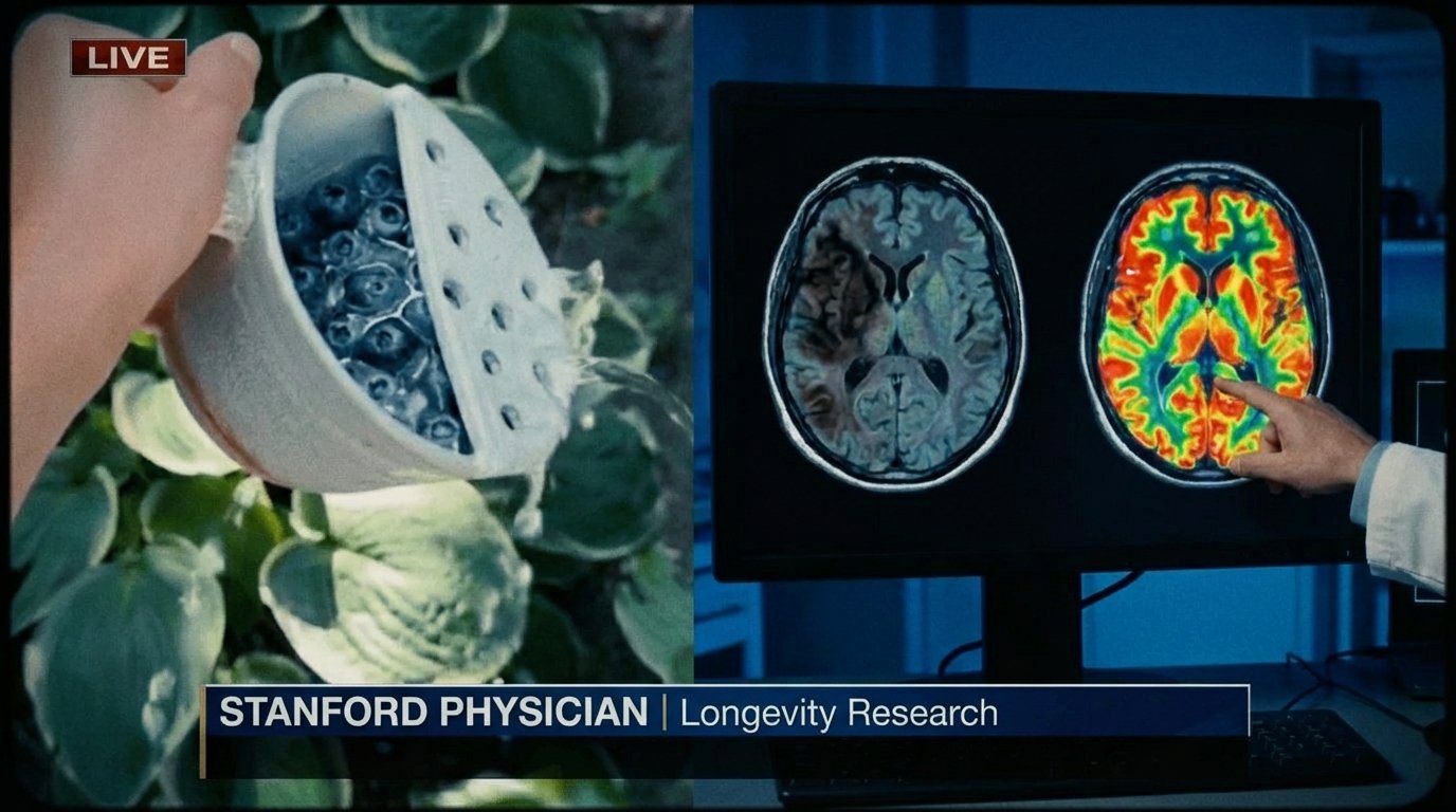 Blueberries and colorful fMRI brain scan — Stanford longevity research broadcast